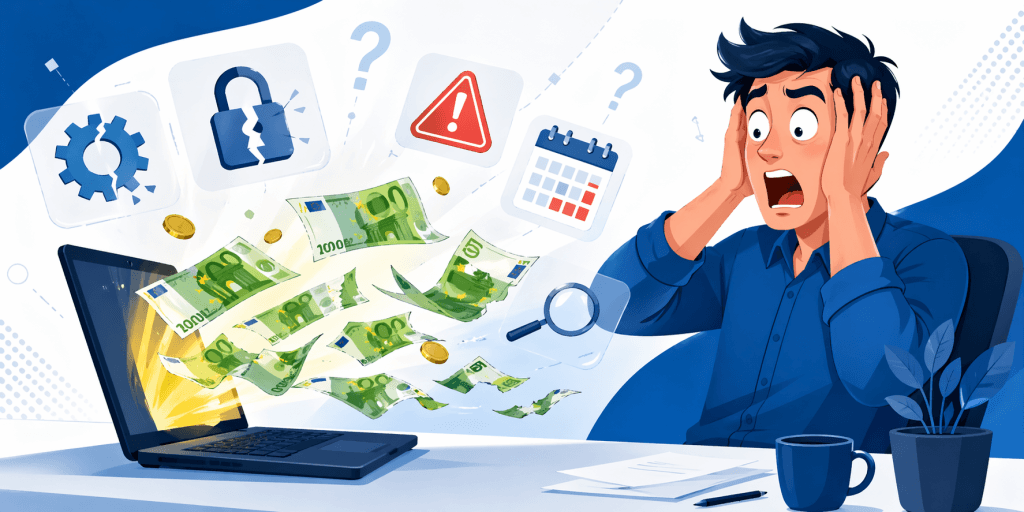 Homme choqué devant un ordinateur avec des billets qui s'envolent, entouré d'icônes de maintenance, sécurité et alertes — illustration des coûts cachés d'un site WordPress sur 3 ans