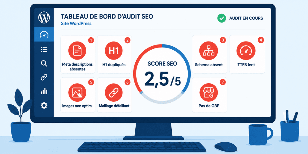 Tableau de bord audit SEO WordPress — 7 erreurs détectées sur site d'artisan PACA