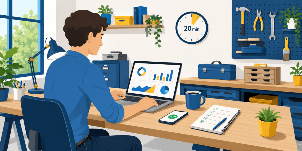 Artisan PACA auditant son site WordPress sur ordinateur portable - méthode auto-audit SEO 20 minutes