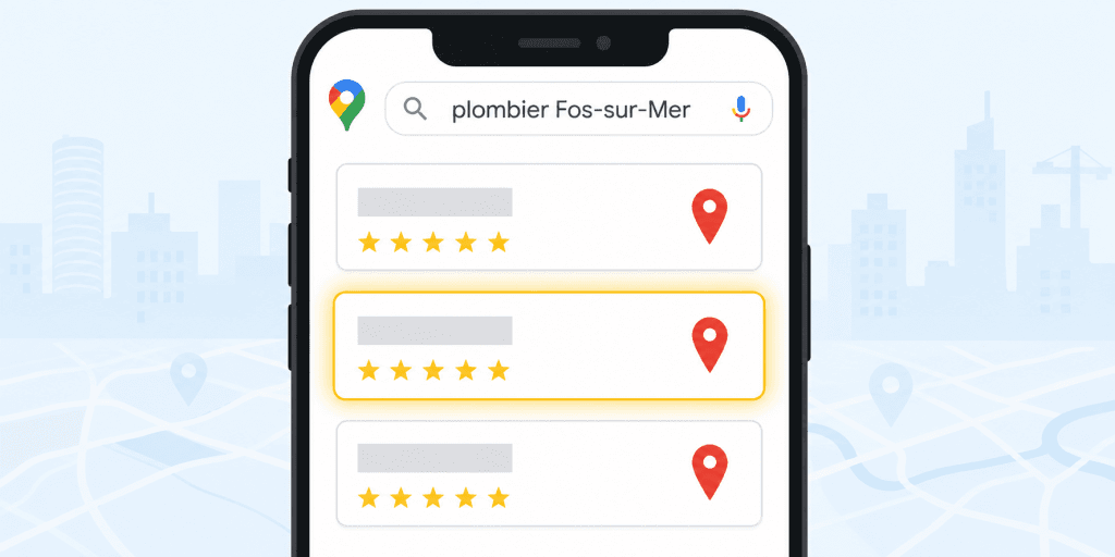 Pack Local Google Maps - recherche plombier Fos-sur-Mer avec 3 fiches GBP et la fiche du milieu mise en évidence